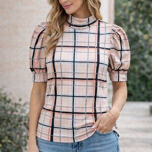 Peach Blue Black Striped Plaid High Neck Puff Sleeve Women's Blouse